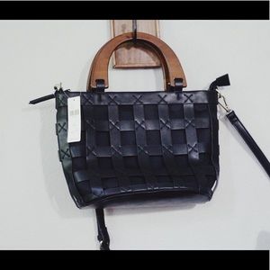 NWT Anthropologie black purse with wooden handle
